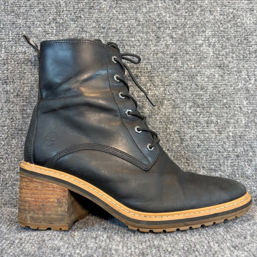 Timberland Sienna High Lace Up Waterproof Boots Black Leather Zip Heel Size 10